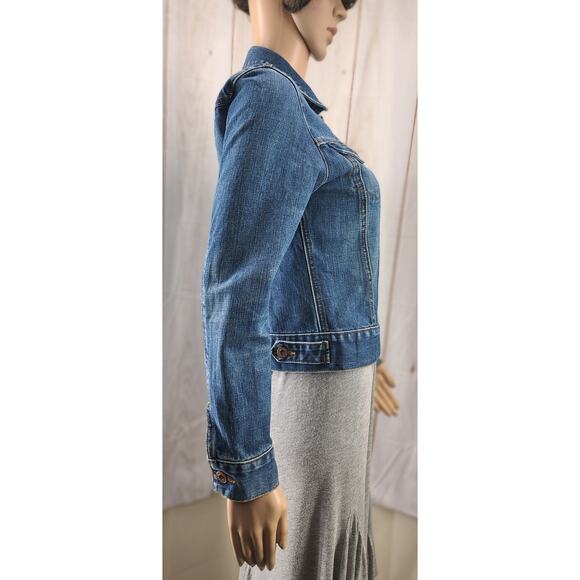 Vintage GAP Women XS Distressed Blue Denim Cotton Jean Jacket Brass Buttons - Picture 4 of 8